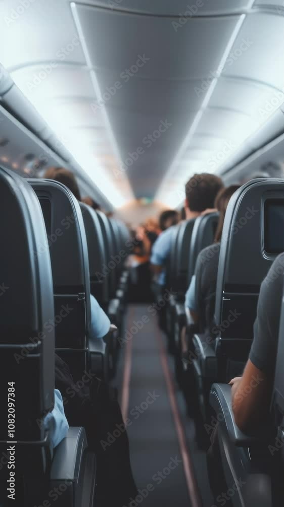 Aufkleber Passengers seated inside airplane cabin. Eagerly awaiting destination as aircraft soars through sky. Filled with anticipation and excitement. Relaxing in seats. Taking in view of clouds outside window