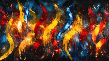 Vibrant Abstract Art with Swirling Flames and Vivid Colors in Shades of Red, Blue, Yellow, and Orange Creating a Dynamic Visual Experience