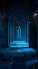 Fototapeta premium 3D Illustration Dark Gothic Hallway, Blue Lights, Stone Floor, Arch, Window