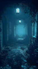 Dark Illustration - Night, Corridor, Fog, Building, Lamp, Overgrown, Architecture, Spooky, Abandoned, Eerie