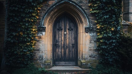 Obraz premium An Old Wooden Door Framed by Stone and Ivy