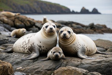 Fototapeta premium Coastal Wildlife Safari Exploring Heartwarming Seal and Pup Encounters on Rocky Shores