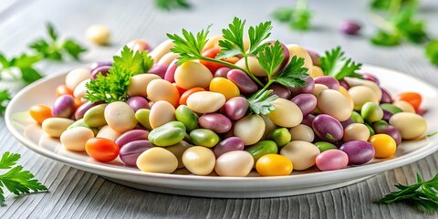 Fresh lupins elegantly arranged on a white plate with parsley, highlighting healthy legumes, organic ingredients, and delightful colors for a nutritious, plant-based gourmet meal.