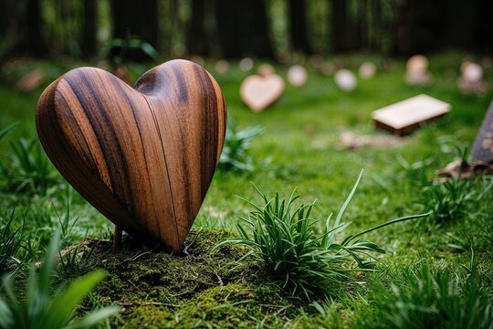 Heartfelt Wooden Heart in Enchanted Forest Green Burial Ground