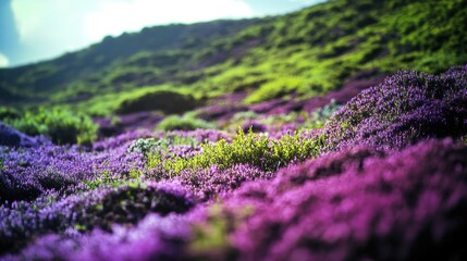 A scenic view of purple flowers surrounded by a majestic mountain, perfect for use as a background or landscape image