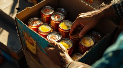 Donation of canned food in a box with a man checking stock, volunteering at NGO charity event, supporting refugees and community service in ultra-realistic 8k photography
