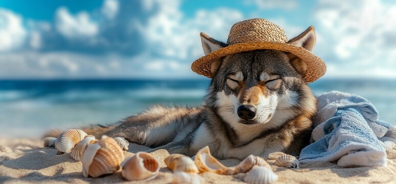 A wolf wearing a straw hat relaxes on a beach with seashells and a towel.