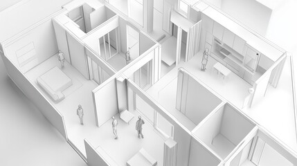 A 3D drawing of an apartment with empty space, showing people moving around.