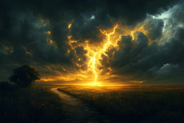 Obraz premium Illustration of Lightning Storm over Field at Sunset