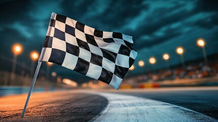 Waving checkered flag with track lights in the background, symbolizing an exciting night race.