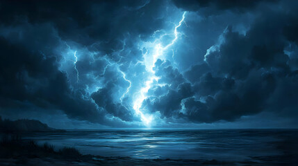 Fototapeta premium Illustration of Lightning Storm over Ocean at Night