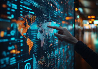 Fototapeta premium A hand points to a world map on a large screen displaying data and graphs