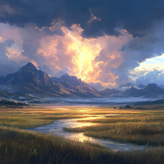 Illustration of Lightning Storm over Mountains and River Valley