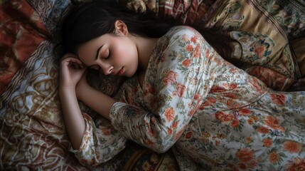 Obraz premium Woman in floral pajamas curled up under a quilt, sleeping deeply with a relaxed expression. Cozy and homey feel
