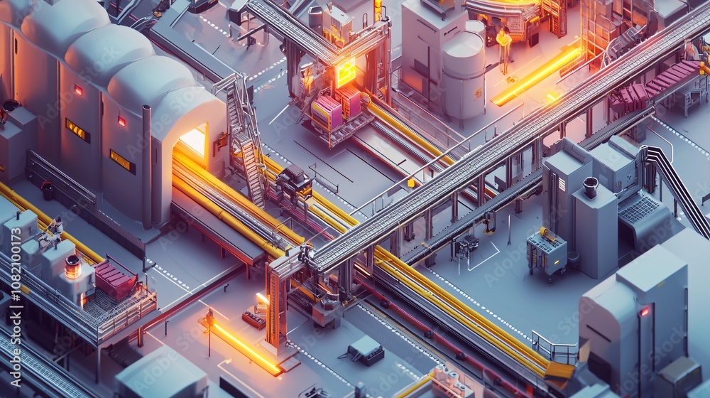 Poster explore the intricate operations of modern industry through stunning 3d visualizations of factory sy