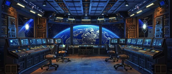 Interior of spaceship's control room depicts Earth on a screen, chairs with monitors, keyboards, and a futuristic vibe, hinting at a space mission about to commence.