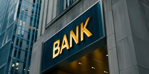 Fototapeta premium The exterior of the modern bank building features an illuminated sign that reads 