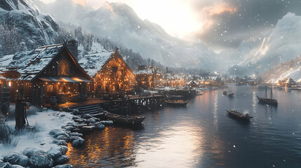 Fototapeta premium Illustration of Cozy Winter Village by a Snowy Lake