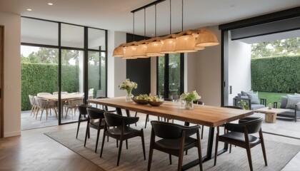 A contemporary dining area featuring a large wooden table, designer chairs, and soft lighting fixtures 