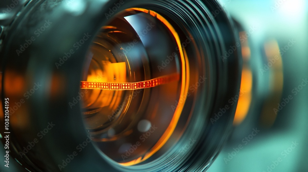 Poster close-up of a camera lens with a red and orange aperture.