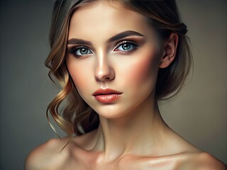 Fototapeta premium This portrait captures a woman's beauty in minimalist style, featuring light makeup, small nose and mouth, highlighting her natural features with soft tones for elegant charm.