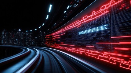 Fototapeta premium Abstract digital landscape with flowing data streams and city lights.