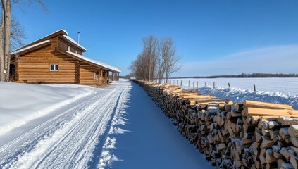 Firewood stacked in the front yard next to a house on a snowy winter day