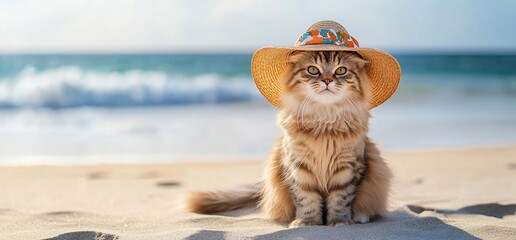Cute cat wearing a straw hat sitting on a beach.