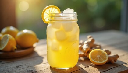 Fototapeta premium Refreshing Ginger Lemonade in Mason Jar - Perfect for Summertime Blogs, Beverage Websites, Recipe Cards, and Health-Focused Content on Hydration and Natural Drinks