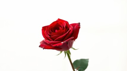 Obraz premium A single red rose with petals unfurling, showcasing its delicate beauty against a pristine white background.