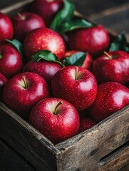 Freshly harvested red apples in a wooden crate on a rustic table