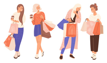 Obraz premium Shopping. Happy woman buyers set. Isolated cute female brunette and blonde shopper character with takeaway coffee and shopping bags on white background. Vector illustration