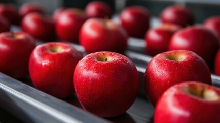 Fresh red apples on a conveyor belt in a packing facility