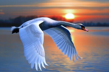 A white swan soaring through the air above a serene body of water, with sunlight reflecting off its feathers © Vii