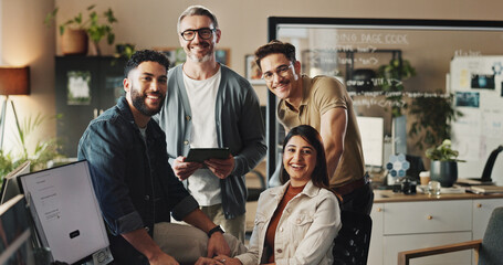 Creative, portrait and group of business people with computer, smile or solidarity at digital...