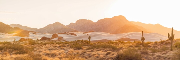 Fototapeta premium Desert Horizon: A breathtaking panorama of a desert landscape, with majestic mountains rising against the backdrop of a radiant sky, creating a scene of vastness and serenity.