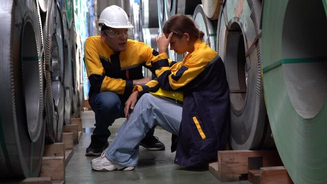 caucasian engineer man encouragement to very stressed worker factory woman in industrial manufacturing factory. group of tired labor or employee consoling together. Burnout overworked to exhaustion