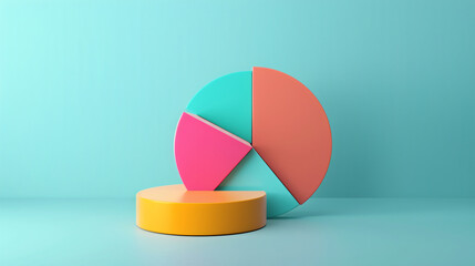 Playful Pie Chart with Memphis Flair: A minimalist scene featuring a 3D pie chart composed of vibrant geometric shapes inspired by the Memphis style. The pie chart rests against a clear background