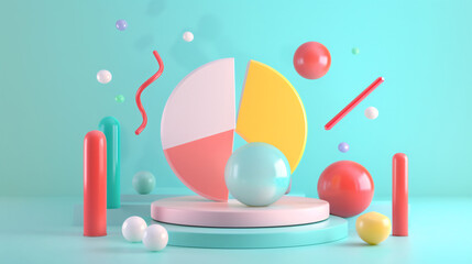 Playful Pie Chart with Memphis Flair: A minimalist scene featuring a 3D pie chart composed of vibrant geometric shapes inspired by the Memphis style. The pie chart rests against a clear background