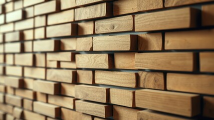 A close-up view of a wall constructed from rectangular wooden slats, arranged in an offset pattern, creating a textured and visually appealing surface.