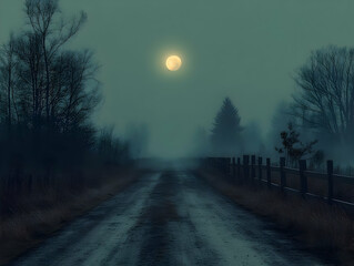 Fototapeta premium Illustration of Moonlit Road, Fog, Trees, and Fence