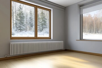 White wall with modern radiators and a window with a winter forest view. It is snowing outside.