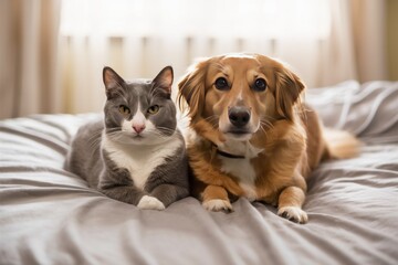 Cat and Dog Duo: A charming cat and dog share a moment of companionship, resting side-by-side on a bed, creating a heartwarming scene that captures the essence of friendship and affection.