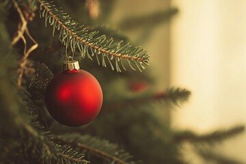 A red ornament hangs from a Christmas tree branch