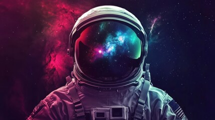 Astronaut with cosmic reflection in helmet.