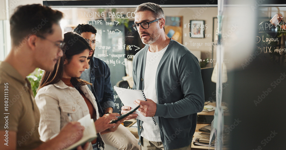 Poster business people, web developers or meeting with project for planning, brainstorming or schedule at o