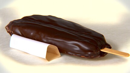 Obraz premium A chocolate-covered ice cream bar on a wooden stick with a white wrapper.