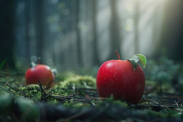 A pair of bright red apples lying on the forest floor