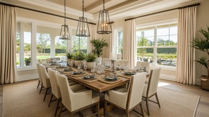 Obraz premium A Modern Dining Room with a Wooden Table, Chairs, and Plants