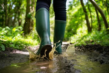 Splash in the Woods: A person wearing green boots walks through a muddy puddle in the forest, the splash highlighting the immersive experience of nature.